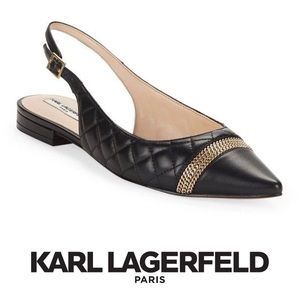 Karl Lagerfeld Black Quilted Leather Slingback Flat with Gold Chain